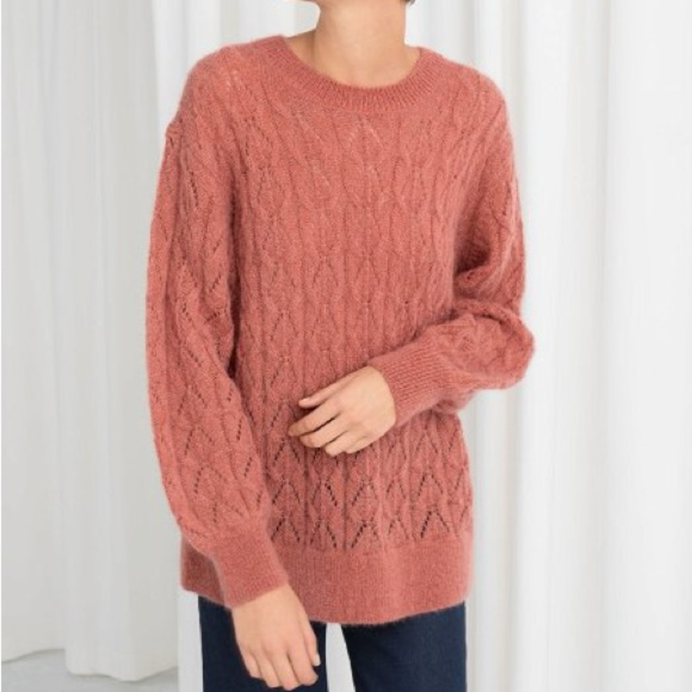 & Other Stories Orange Peach Mohair Wool Oversized Crewneck Eyelet Knit Sweater